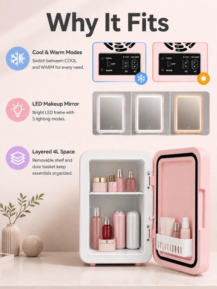 SOKANY 4L Portable Dual-Use Skincare Mini Fridge With Dimmable LED Makeup Mirror, Hot And Cold Functions, Suitable For Storing Cosmetics, Snacks And Beverages, Ideal For Bedroom, Office And Car - Pink - View 1