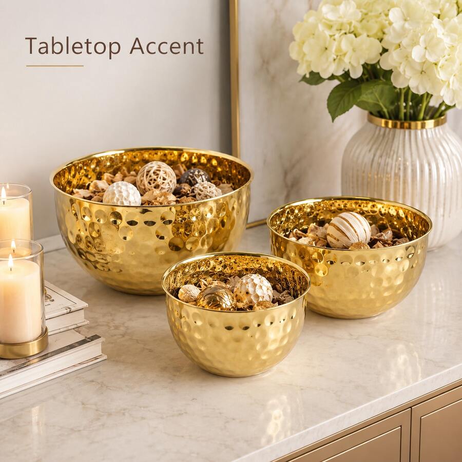 Round Hammered Mixing Bowl Decorative Fruit Salad Bowl 3 Sizes - Gold - View 1