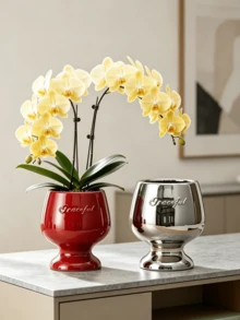 1PC Luxury Vintage High-Foot Embossed Letter Ceramic Planter Pot, Dedicated Planting Pot For Phalaenopsis Orchid, Living Room Green Plant Cultivation Pot, Desktop High-End Green Plant Potted Container, Home Decor Ornament - B - View 4