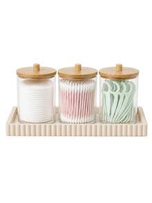 1/3/4-Piece Cotton Swab Storage Set – Bathroom Storage Organizer Featuring A Tray And Canisters For Cotton Pads, Swabs, And Balls; Lidded Plastic Jars Suitable For Storing Small Bathroom Items Like Dental Floss Picks. - Multicolor - View 1
