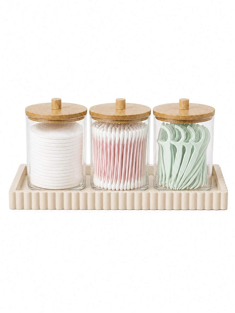 1/3/4-Piece Cotton Swab Storage Set – Bathroom Storage Organizer Featuring A Tray And Canisters For Cotton Pads, Swabs, And Balls; Lidded Plastic Jars Suitable For Storing Small Bathroom Items Like Dental Floss Picks. - Multicolor - View 1