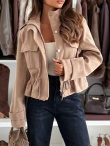 Women's Funnel Neck Short Jacket With Cinched Waist And Pockets, Suitable For Autumn/Winter Wear - Apricot - View 5