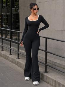 Women's Contrast Binding Square Neck Criss Cross Open Back Long Sleeve Flare Leg Yoga Jumpsuit, Bodycon Workout Activewear Unitard - Black - View 4