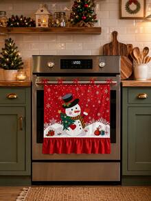 1pc Snowman & Snowflake Print Oven Curtain, With Ribbon Tie Top And Red Ruffle Edge, Short Kitchen Tier Curtain, Decorative Cover Cloth, Suitable For Stove, Oven, Open Cabinet And Small Window, Christmas Country Style Home Decor - Snowman and Snowflake - View 3