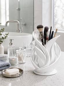 1pc White Floral Cosmetic Storage Cup, Hollow Streamlined Design Decorative Makeup Brush And Lipstick Holder, Space-Saving Beauty Tool Rack, Suitable For Bathroom Countertop, Vanity Or Bedroom; Cosmetic Storage Rack, Brush Holder, Bathroom Decor - Multicolor - View 10