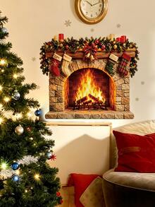mama look 1pc/2pcs, Multi-Style, Christmas Decoration Wall Sticker Creative Realistic Fireplace, PVC Self-Adhesive Removable, Suitable For Bedroom, Living Room, Kitchen, Dining Room, Entryway Wall Decoration, Beautify Wall And Conceal Imperfections - Multiple Styles - View 12