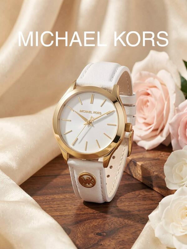 MICHAEL KORS MK7466 Slim Runway Series Women's Quartz Watch Gold Case White Dial Minimalist Three-Hand White Leather Strap Luxury Commuter Women's Watch