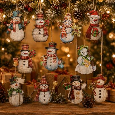 12pcs Christmas Snowman Wooden Decorative Hanging Ornaments, Christmas Tree Decorations, Wooden Crafts Christmas Tree Hanging Ornaments, Christmas Scene Decor, Christmas Tree Hanging Decorations, Merry Christmas Holiday Decorative Hanging Ornaments, Hanging Style Handmade/DIY, Door/Entrance Outdoor/Yard Room/Living Room Indoor/Outdoor