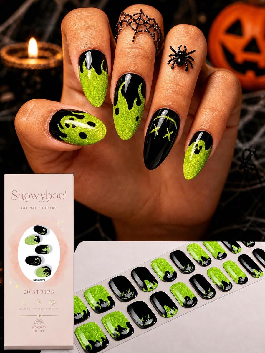 Showyboo Semi-Cured Gel Nail Stickers 20pcs, Neon Green & Black Halloween Gel Nail Stickers, Drip Flame Ghost Stitched Face Pattern, High Gloss Nail Stickers, Suitable For Halloween Party Costume, Punk Style Portrait Photography