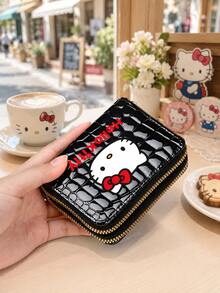 SANRIO 1pc Hello Kitty Small Wallet For Women, Double Zipper Credit Card Holder With Accordion Card Slots, Coin Pocket And Glossy Textured Finish - Multicolor - View 5