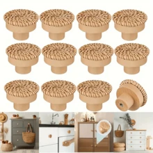 12 Buah Gagang Kabinet Bulat Rotan Alami, Tarikan Laci Kayu, Finishing Cokelat, Untuk Dekorasi Furnitur di Dapur, Ruang Tamu, Kamar Tidur, Lemari Pakaian, dll. - lubang tunggal - View 11