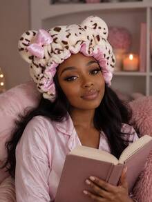 Women Leopard Print Plush Sleep Bonnet With Bear Ears & Bow, Satin Lined Thick Hair Bonnet, Ruffle Edge Night Hair Cap For Hair Care, Holiday Gift - Multicolor - View 4