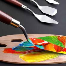 Set Pisau Palet 5 Buah, Kit Spatula Lukis Gagang Kayu dan Baja Tahan Karat, Alat Pengikis Seni Multi-Bentuk untuk Lukisan Minyak dan Pencampuran Cat Akrilik - Set - View 4