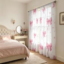 2pcs Set Sweet Style Semi-Sheer Curtains, Pink Bow Pattern, Rod Pocket Design, Suitable For All Seasons, Multi-Functional Home Decor, Machine Washable, Polyester Material, Add Romantic Atmosphere To Bedroom, Living Room And Study, 2D Flat Print - Multicolor - View 9