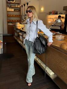 Women's Fashion Striped Shirt, Contrast Trim Asymmetrical Hem, Long Sleeve Button Front Polyester Blouse, Perfect Choice For Autumn - White - View 6