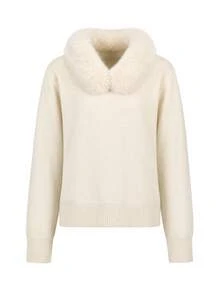 Women's Winter Knitted Long Sleeve Sweater With Faux Fur Collar, V-Neck Regular Fit Pullover Top - Off-white - View 10