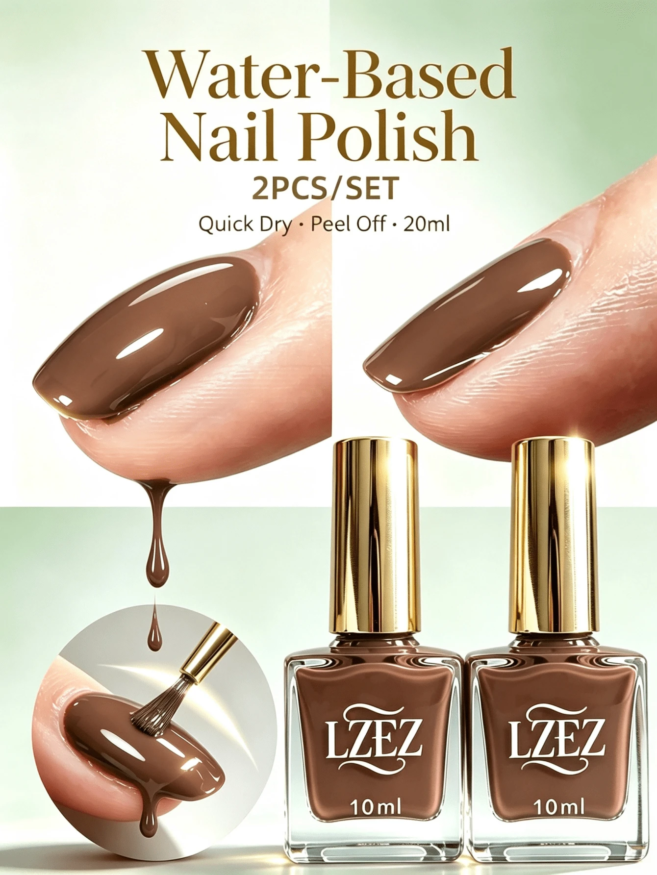 LZEZ Water‑Based Bright Top Coat 2‑Pack Total 20ml, Gloss Shine Nail Finish, Long‑Lasting Nail Surface Protection