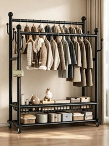 1pc Double‑Layer Metal Garment Rack‑Double Rod Clothes Drying Rack With Wheels, Equipped With Storage Basket And Hooks, Large Capacity, Stable Structure, Space‑Saving,Freestanding Clothes Hanger,Suitable For Bedroom,Living Room,Entryway,And Dormitory - Multiple Specifications - View 3