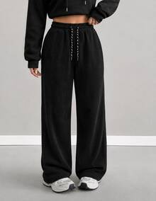 Pantalones deportivos pans pants dama mujer casuales pantalón wide leg pierna ancha estilo deportivo funcionales tela cómoda suave elástica ajuste holgado tiro alto cintura cordón largo - Pana Negro - Ver 1