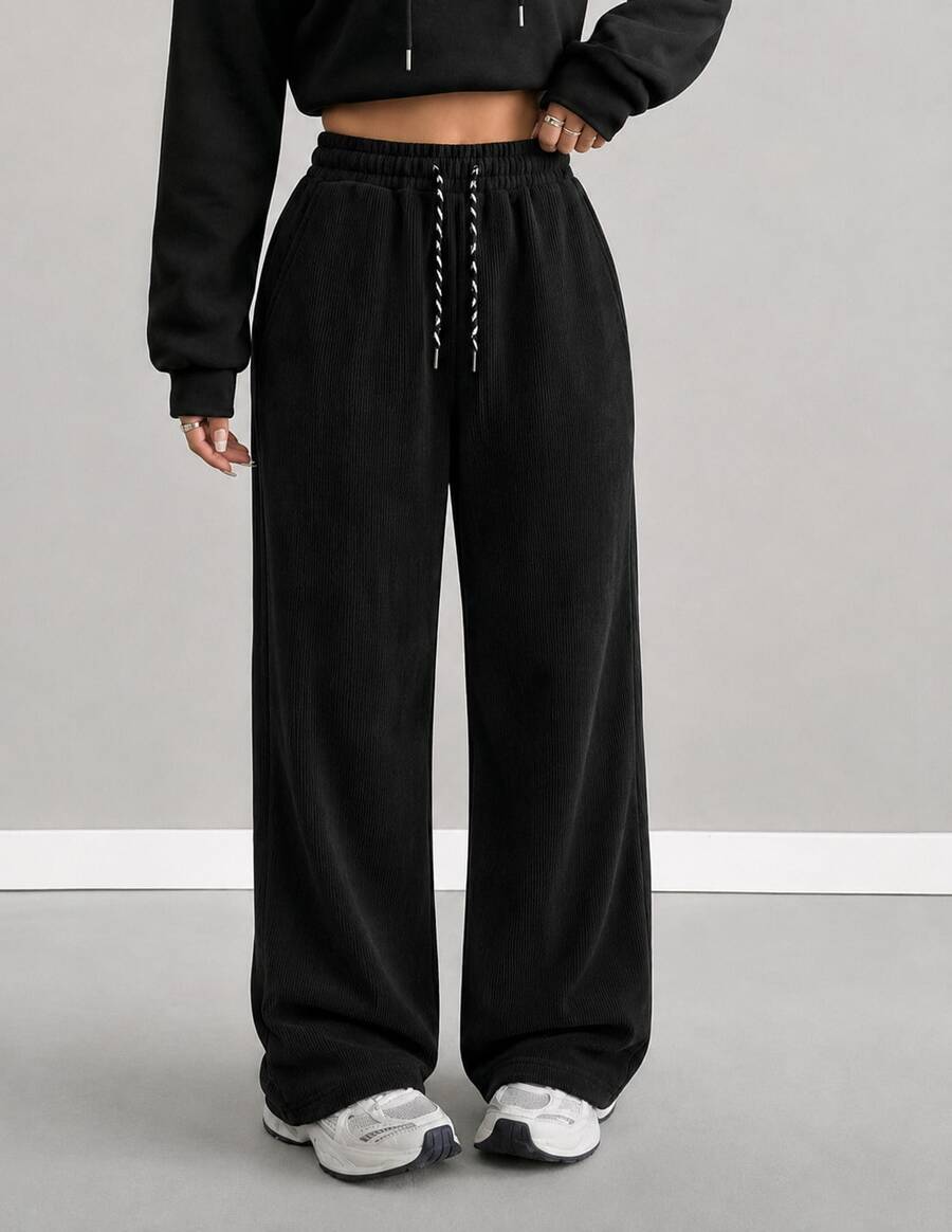 Pantalones deportivos pans pants dama mujer casuales pantalón wide leg pierna ancha estilo deportivo funcionales tela cómoda suave elástica ajuste holgado tiro alto cintura cordón largo - Pana Negro - Ver 1