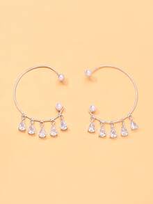 outingfit 1 Pasang Anting Kait Telinga Bentuk Tetesan Air Desain Minimalis dengan Hiasan Berlian Imitasi, Aksesoris Fashion untuk Wanita - Perak - View 9