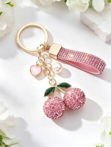 1pc Fashion Alloy Rhinestone Cherry Bag Charm, Clay Rhinestone Keychain, Crystal Inlaid Car Key Pendant, Women's Bag Decoration Accessory - Multicolor - View 10
