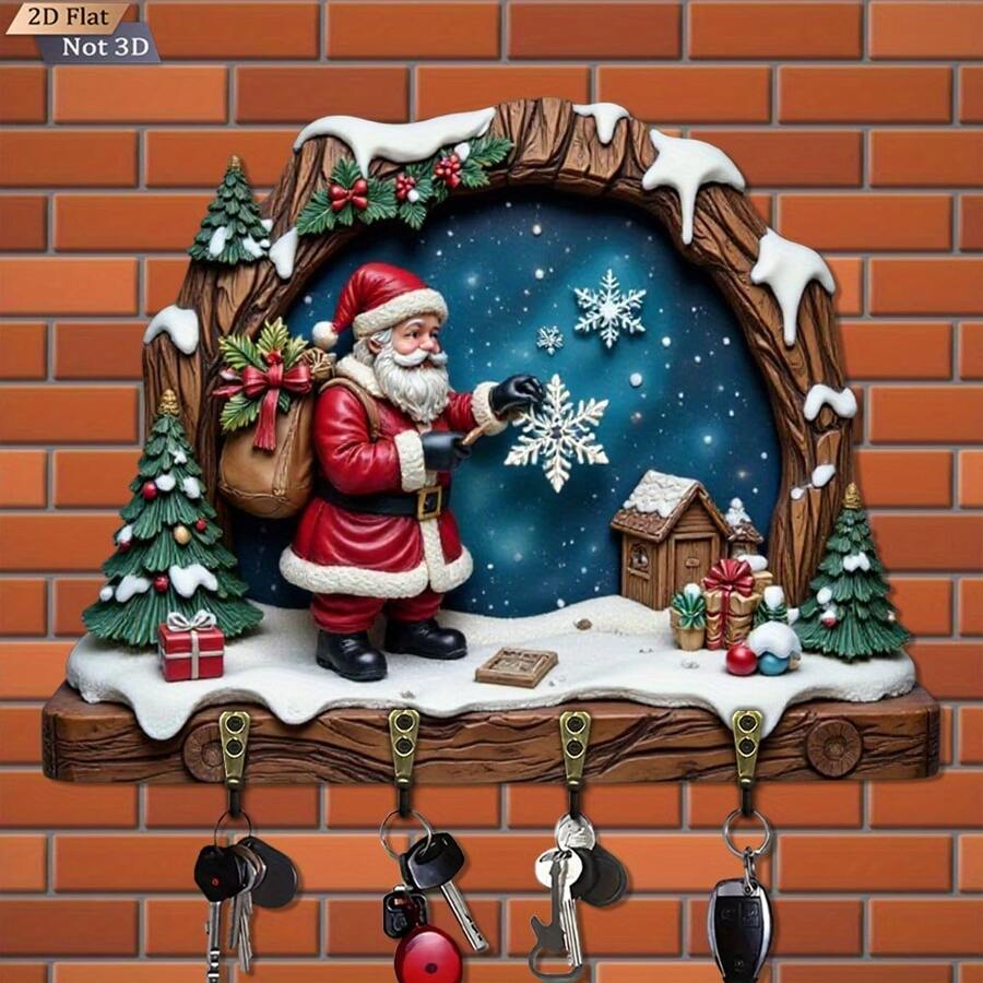1PC 2D Flat Christmas Snow Scene Wooden Key Holder, With 4 Metal Hooks, Suitable For Wall Decor, Porch Decor, Room Decor, Villa Decor And Seasonal Home Decor, Wooden Key Rack - Multicolor - View 1