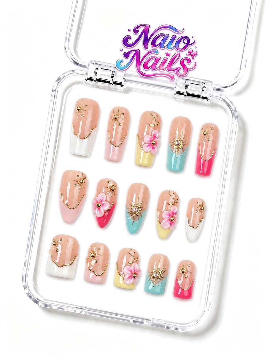 NAIO 10pcs/Set Y2K Handmade Press-On Nails, 3 Sizes Almond/Coffin/Short Square, Macaron Color French 3D Flower Gold Sun Metal Decor Fake Nails, Light-Cured, Salon-Grade Natural Nails, 10-Minute Quick Daily Wear (Includes Glue And Nail File) - Multicolor - View 1