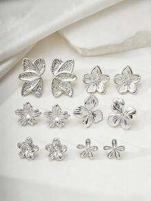 2/12PCS Women's Fashion Elegant Exquisite Floral Circle Multi-Element Silver Metallic Earrings Set, Suitable For Women's Daily Wear In Various Occasions - Silver - View 2