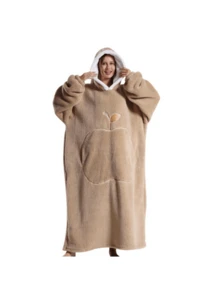 Large Hooded Blanket Bathrobe, Soft Fluffy Coral Fleece Long Robe, White Lambswool Lining, Hooded, Leaf Embroidery Detail, Large Front Pocket, Loose Warm, Suitable For Sofa Leisure - Multicolor - View 22