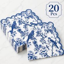 20/60PCS Blue White Bird Print Paper Napkins, Scalloped Edge Party Napkins, Elegant Table Decor For Wedding Birthday Dinner Dessert Table - Blue - View 7