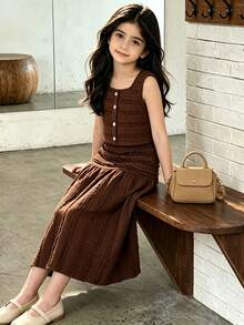 Left Mama Elegant Floral Trim Camisole & Skirt Set For Tween GirlsSuitable For Beach Vacation And Daily Wear, Summer - Brown - View 1
