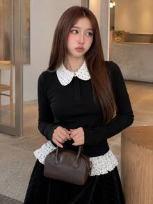 YEAE | Girly Polka Dot Print Long Sleeve Top Vacation Streetwear - Black - View 2