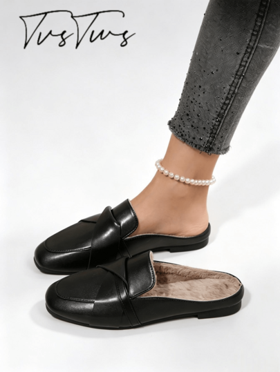 Women's Autumn/Winter Minimalist Square Toe Metal Chain Buckle Thermal Lined Mule Slippers, Fashionable Comfortable Plush Lining Flat Closed Toe Half-Slip, Warm Fashionable Outdoor Thermal Slippers