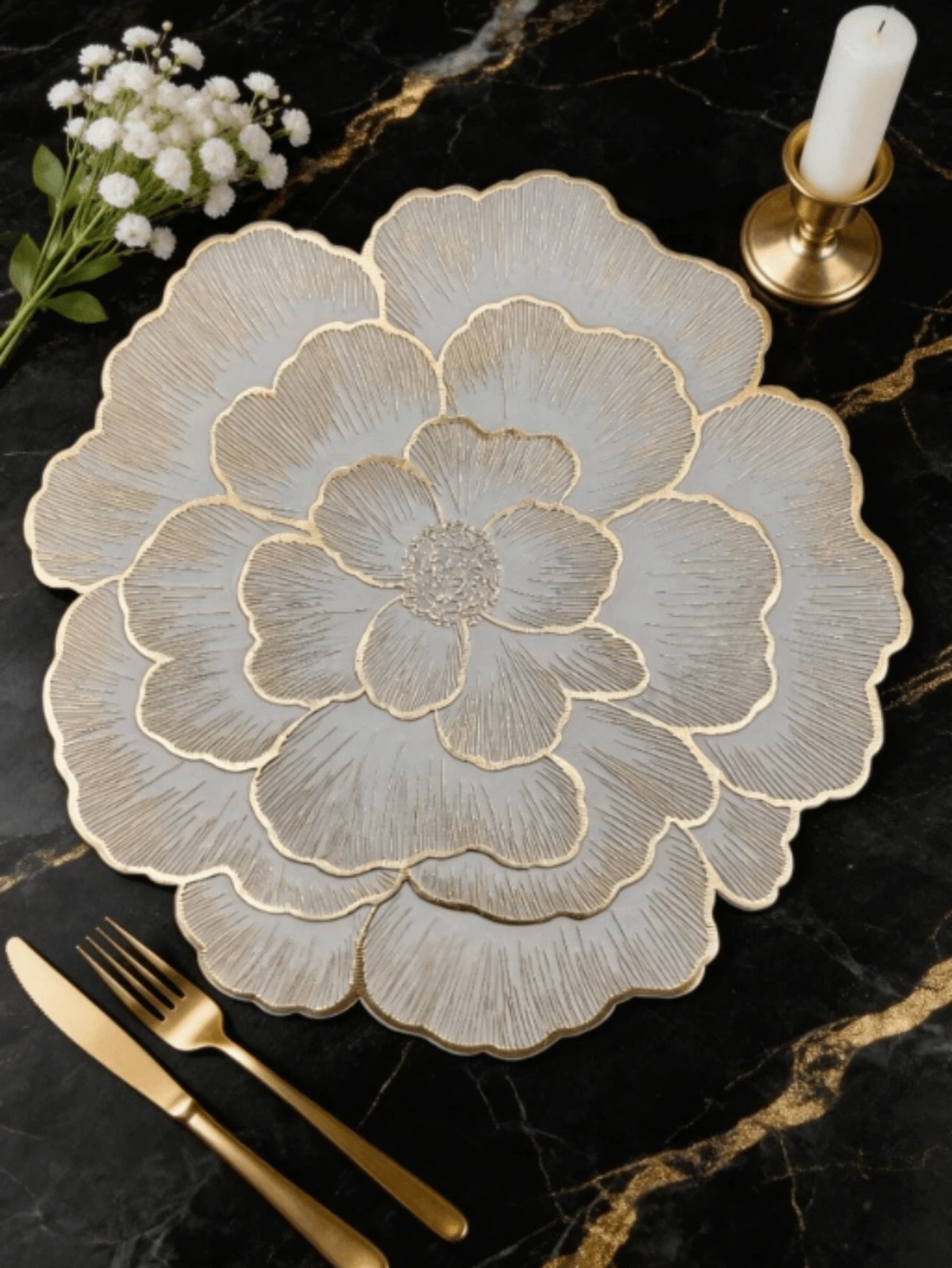 1/4/6/8/12pcs Gold Creative Flower PVC Placemats, Washable, Easy To Clean, Wipeable, Non-Slip, Holiday Wedding Festival Table Mat, Valentine's Day Room Decor Home Supplies - Gold - View 1
