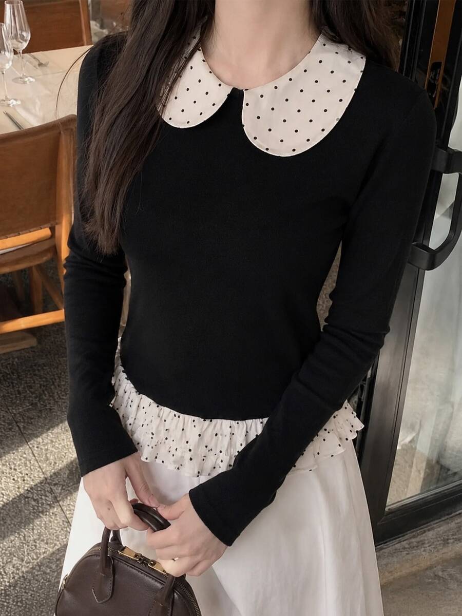 YEAE | Girly Polka Dot Print Long Sleeve Top Vacation Streetwear - Black - View 1