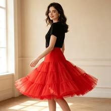 Retro Boneless Mesh Support Skirt, Colorful Fluffy Skirt, Daily Boneless Soft Mesh Support, Lolita Midi Underskirt, Skirt Support, One Piece - Multicolor - View 10