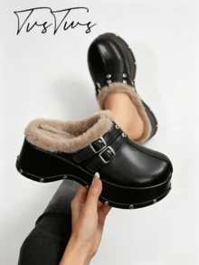 Petite höjdförstärkande loafer-mule med nitar och tjock sula, punkig brittisk stil, metallspänne, sluten tå och rygglös sko - Svart - Visa 2