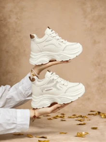 Women's Rhinestone Decor Chunky Sneakers With Inner Height Increase, Flexible Leather Upper, Durable Anti-Slip Thick Sole, Height-Enhancing Versatile Casual Sports Shoes For Petite Women - Beige - View 6