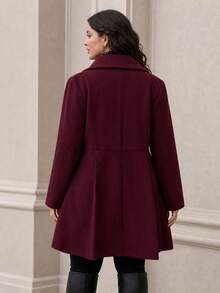 Plus Size Women's Winter Thickened Coat, Burgundy Asymmetrical Collar Double-Breasted A-Line Mid-Length Jacket - Burgundy - View 4