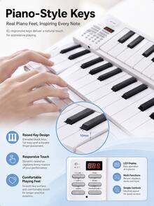 1 buah Keyboard Elektronik Portabel Lipat 61 Tombol Warna Putih dengan Tas Penyimpanan, 16 Nada, 100 Ritme, 25 Lagu Demo, Piano Gulung Isi Ulang USB, Keyboard Musik Multifungsi, Cocok untuk Pemula, Latihan di Rumah dan Pelajaran Musik - Tersedia berbagai pilihan (kemasan yang lebih baik) - View 7