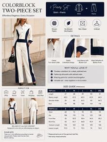 Women's Spring/Autumn Casual Elegant Contrast Color Lapel Long Sleeve Top And Contrast Color Long Pants 2 Pieces Set White - White - View 6