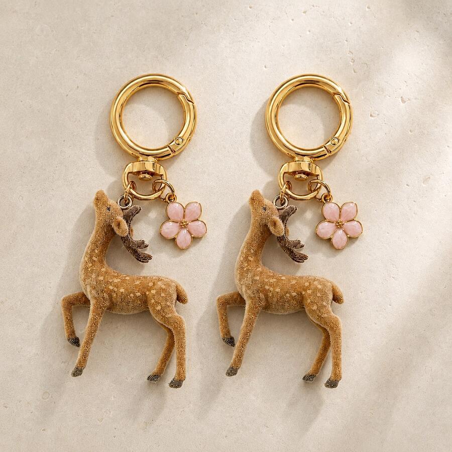 2pcs Unisex Cute Flocked Deer & Cherry Blossom Keychain Accessories, Christmas Deer Gift, Personalized Friend & Couple Gift, Bag Charm - Multicolor - View 1