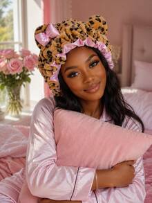 Women Leopard Print Plush Sleep Bonnet With Bear Ears & Bow, Satin Lined Thick Hair Bonnet, Ruffle Edge Night Hair Cap For Hair Care, Holiday Gift - Multicolor - View 5