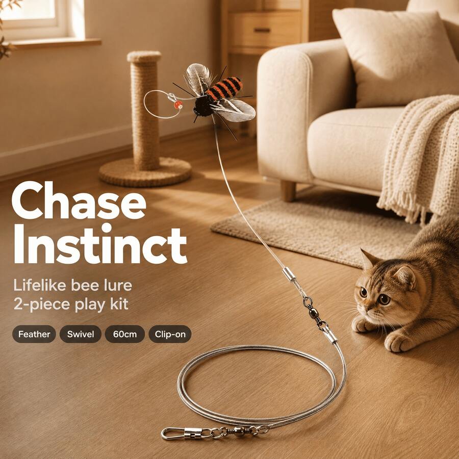 2pcs Set, Includes Realistic Bee Flying Insect Cat Teaser Toy Replacement Head (6cm Long) And 60cm Steel Wire Extension Line. Insect Head Features Feather Wings + Plush Body, Realistic Design, With Hanging Ring For Quick Connection; Extension Line With Swivel Lobster Clasp On Both Ends, Anti-Tangle, Extends Teasing Distance, Stimulates Cat's Hunting Instinct, Interactive Boredom Relief. - Bee Replacement Head + Extension Cable - View 1