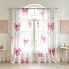 2pcs Set Sweet Style Semi-Sheer Curtains, Pink Bow Pattern, Rod Pocket Design, Suitable For All Seasons, Multi-Functional Home Decor, Machine Washable, Polyester Material, Add Romantic Atmosphere To Bedroom, Living Room And Study, 2D Flat Print - Multicolor - View 8
