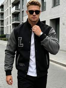 Fleece Men's Thin Fleece Letter Patchwork Baseball Jacket American Vintage Colorblock Casual Open Front Hoodless Sweatshirt - Black - View 1
