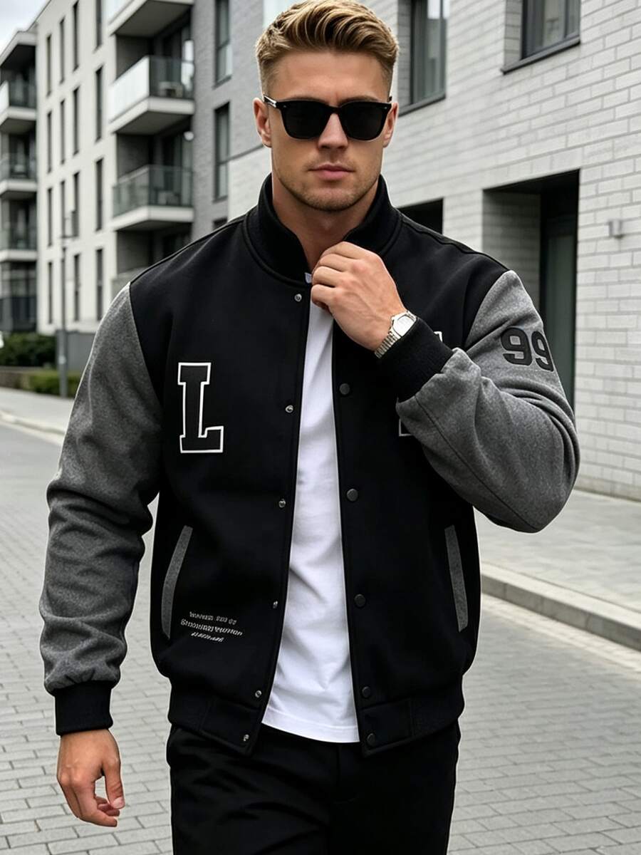 Fleece Men's Thin Fleece Letter Patchwork Baseball Jacket American Vintage Colorblock Casual Open Front Hoodless Sweatshirt - Black - View 1