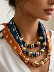 1pc Gold Beaded Polka Dot Scarf Necklace, Layered Silk Scarf Fashion Collarbone Chain With Metal Beads, Polka Dot Colorful Elegant Women's Necklace, French Vintage Party Accessory - Polka Dot Silk Scarf - View 2
