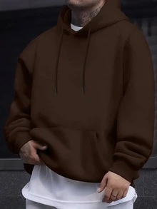 男士秋冬休閒百搭時尚玫瑰印花袋鼠口袋抽繩連帽衛衣 - 棕色 - 查看 2
